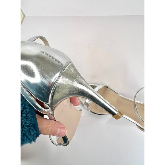 ASOS Size 8 Silver Shiny 3 Inch Ankle Strap Heels Open Toe - Picture 14 of 16